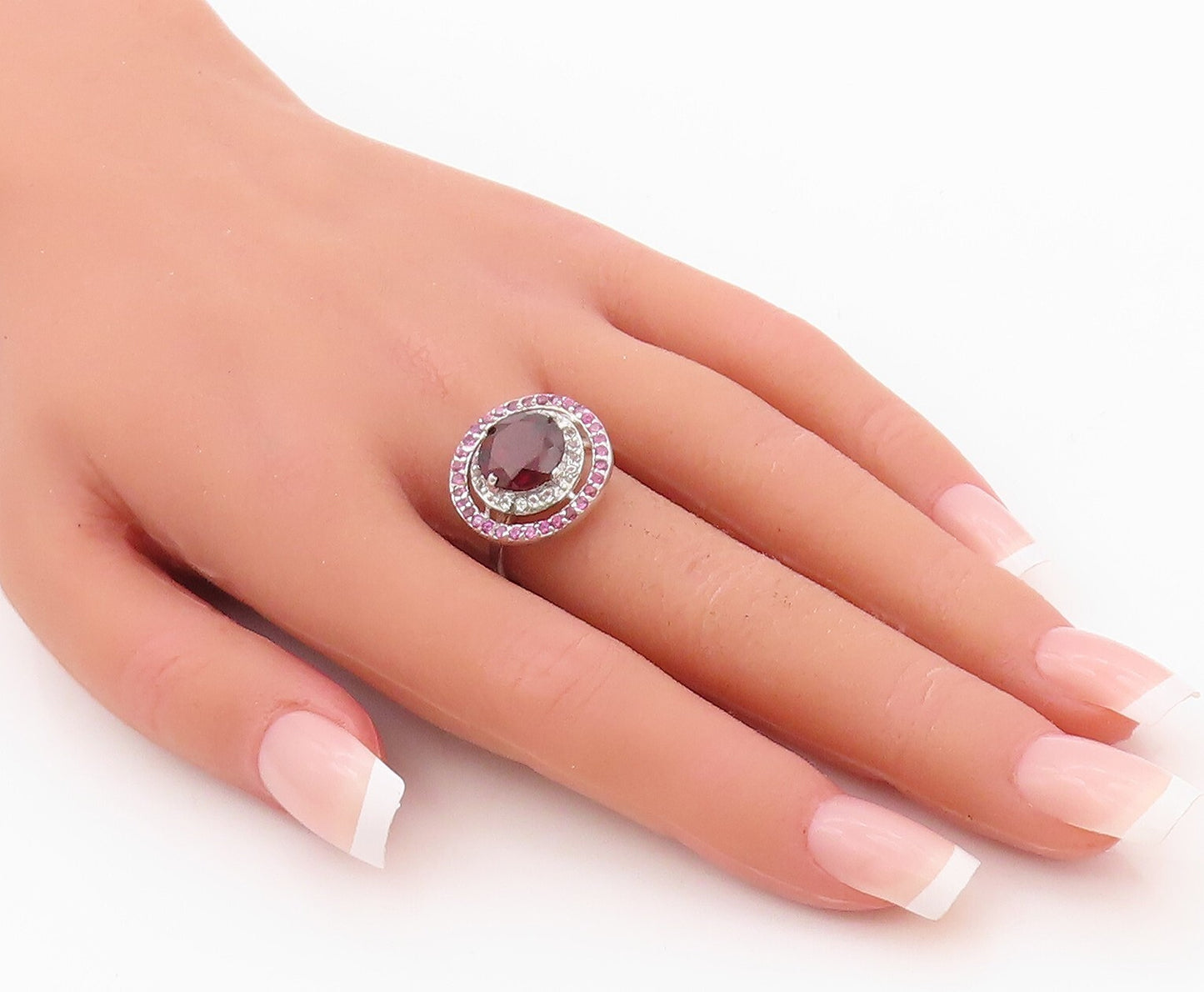 925 Sterling Silver Vintage Ring Round Red Halo Pink & White CZ  Sz 7.5  RG30440