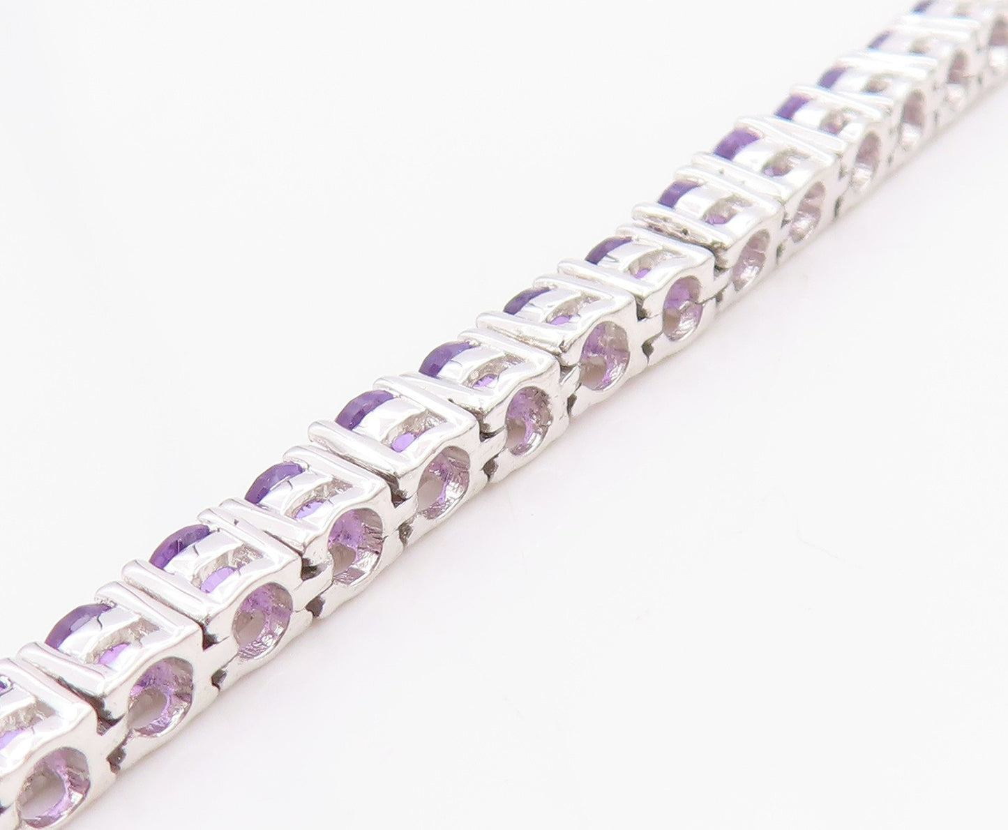 925 Sterling Silver Vintage Bracelet Modernist Amethyst Chain Inlay Cuff BT11351