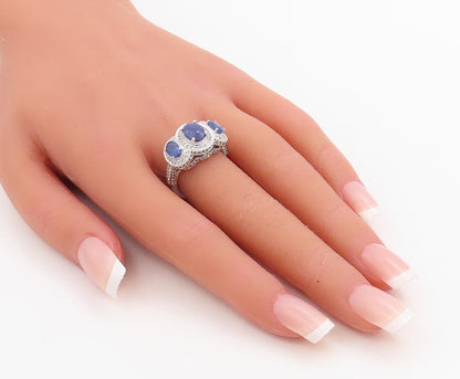 925 Sterling Silver Vintage Ring Oval Sapphire Halo CZ Inlay  Sz 7  RG30743