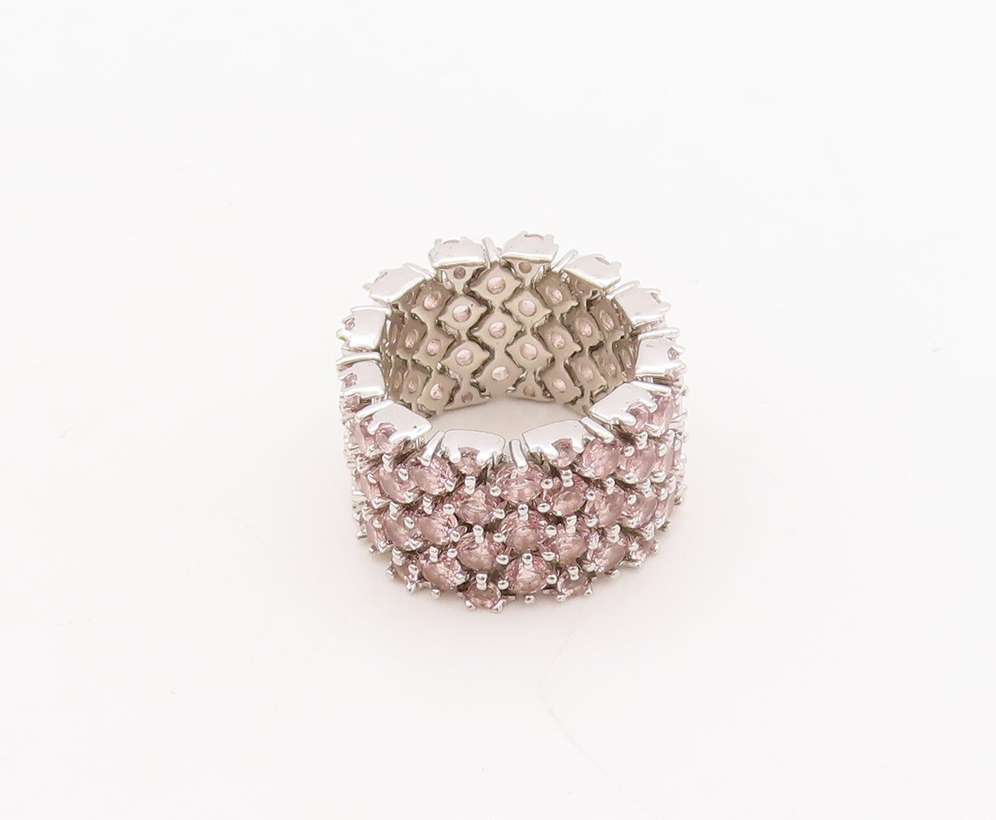 925 Sterling Silver Vintage Ring Pink Gemstones Inlay Broad Band  Sz 7.5 RG29484