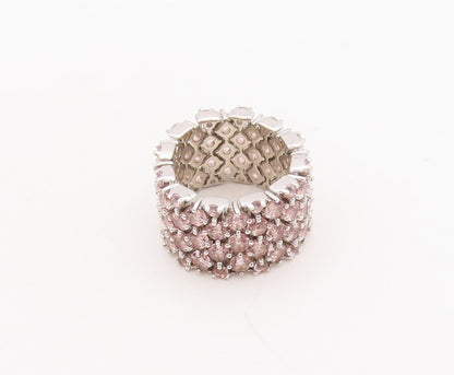 925 Sterling Silver Vintage Ring Pink Gemstones Inlay Broad Band  Sz 7.5 RG29484