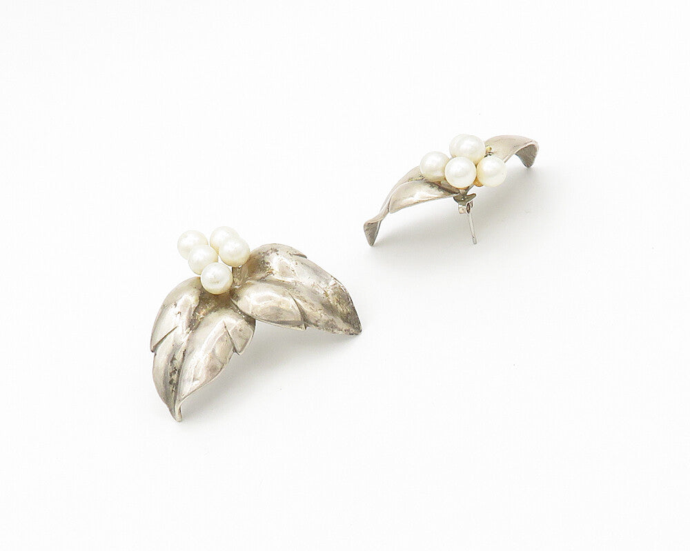 DESIGNER 925 Silver  Vintage Pearl Cluster Floral Leaves Drop Earrings  EG9216