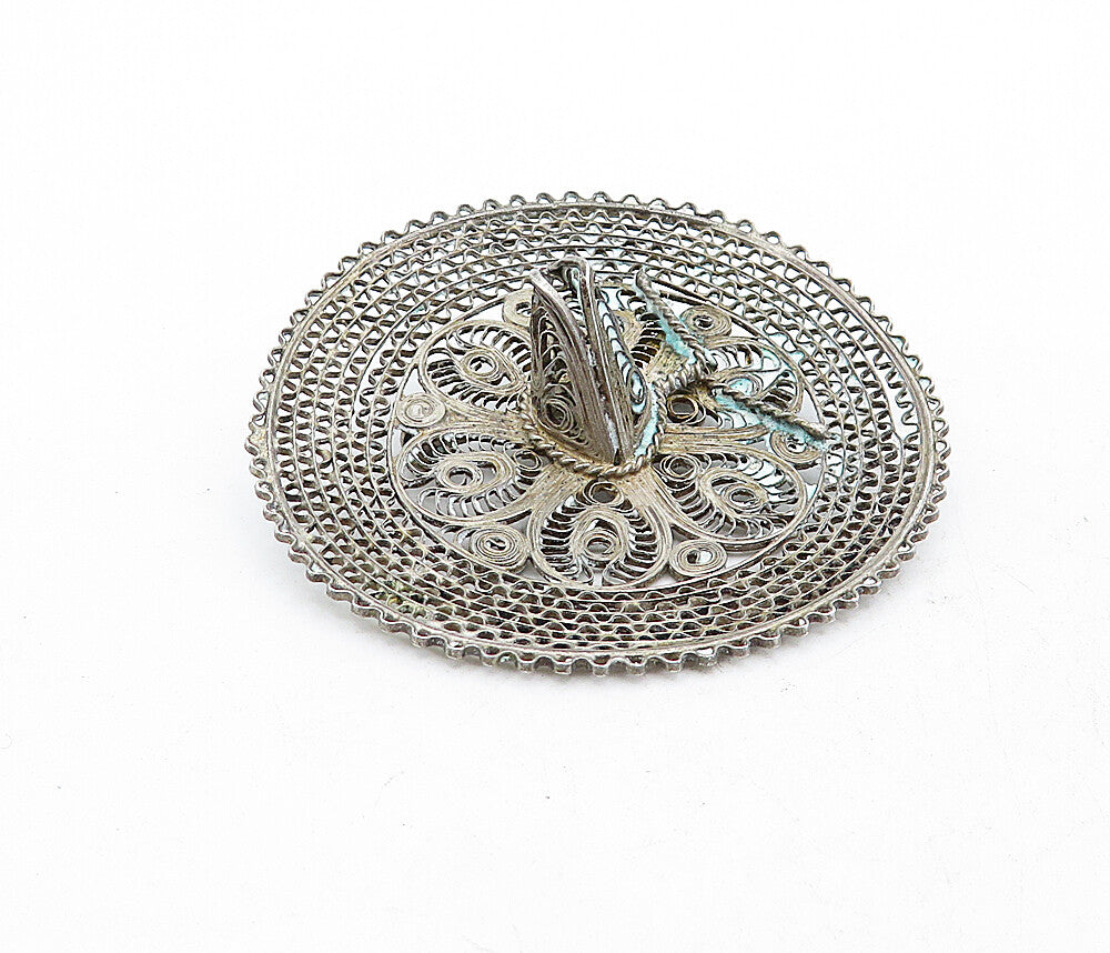 925 Sterling Silver  Vintage Swirl Filigree Sombrero Motif Brooch Pin  BP1975
