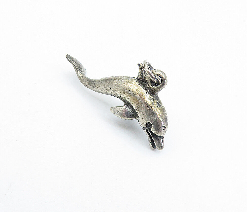 925 Sterling Silver  Vintage Petite Dark Tone Leaping Dolphin Pendant  PT4969