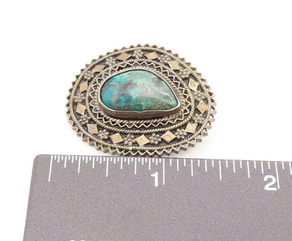 ISRAEL 925 Sterling Silver Vintage Wavy Floral Chrysocolla Brooch Pin BP10134