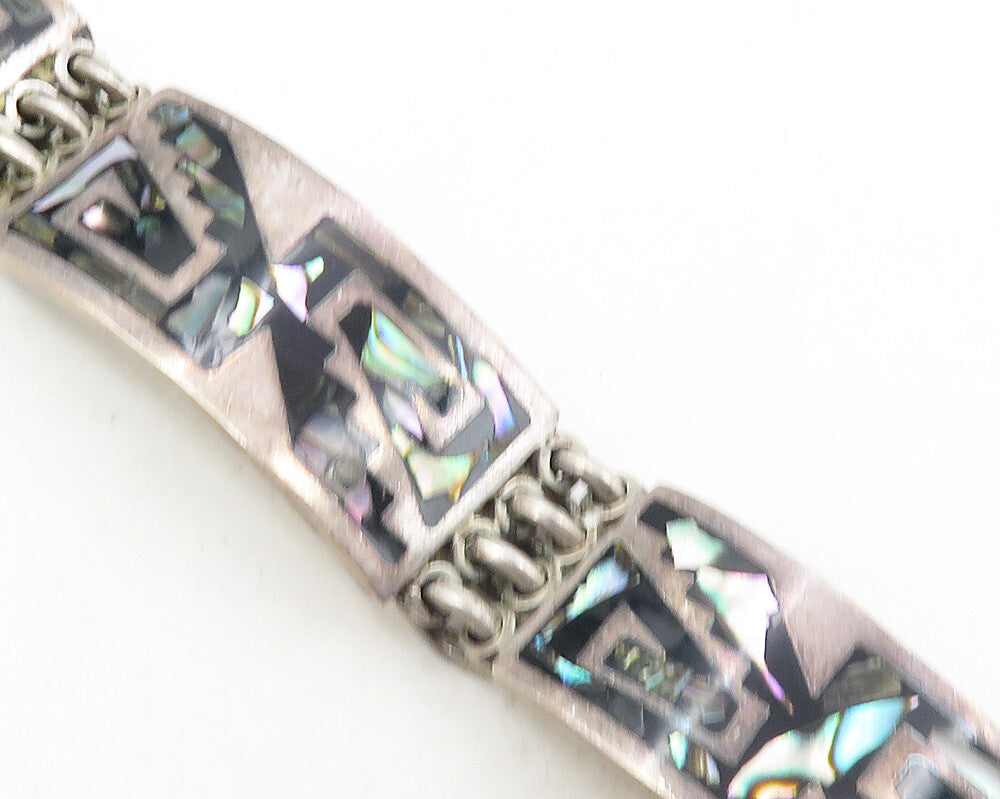 MEXICO 925 Sterling Silver  Vintage Abalone Shell Mosaic Chain Bracelet BT4411
