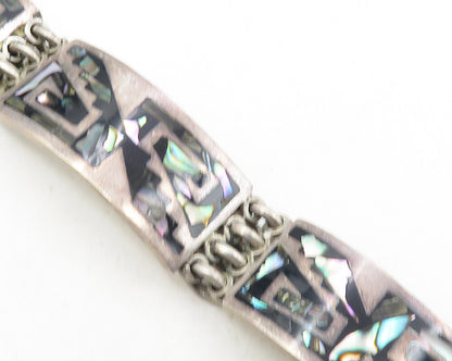 MEXICO 925 Sterling Silver  Vintage Abalone Shell Mosaic Chain Bracelet BT4411