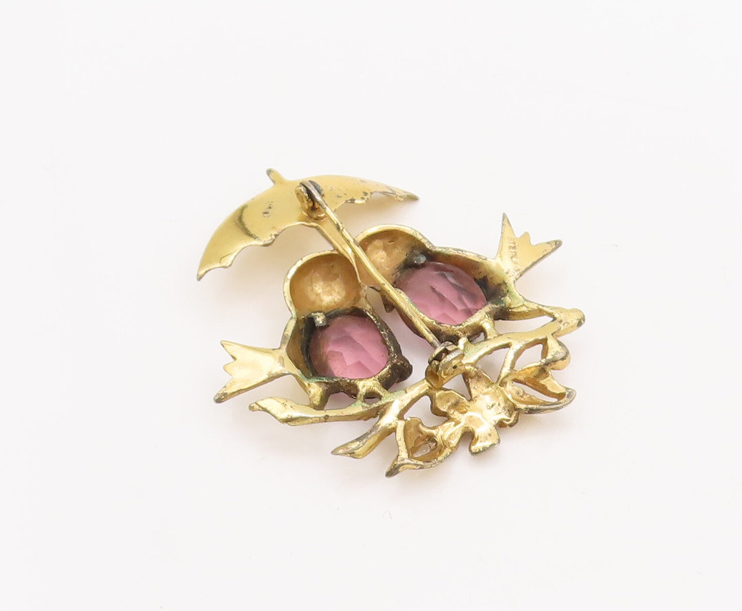 925 Sterling Silver Vintage Brooch Pin CZ Inlay Birds Under Umbrella  BP11053