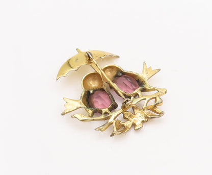 925 Sterling Silver Vintage Brooch Pin CZ Inlay Birds Under Umbrella  BP11053