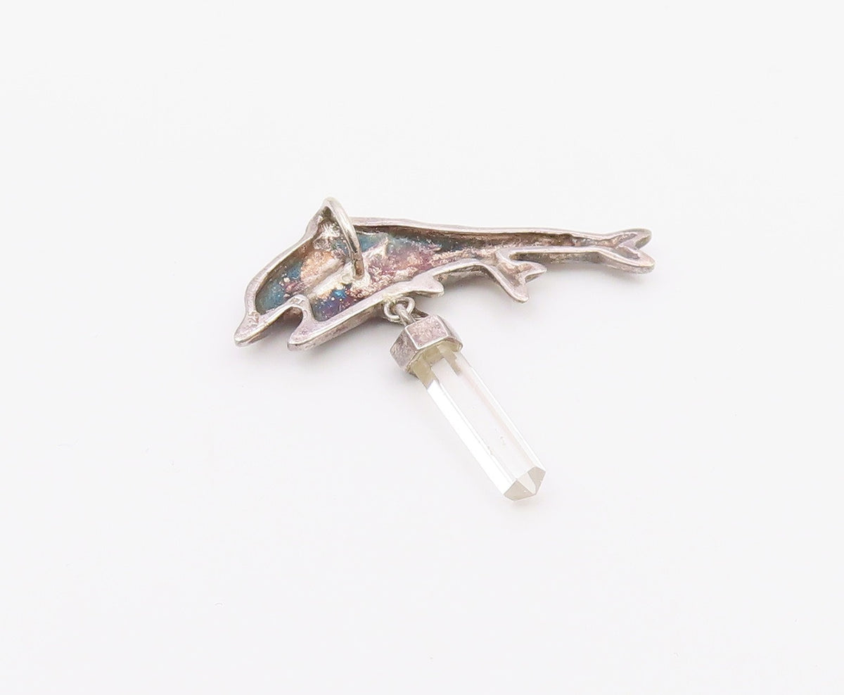 925 Sterling Silver  Vintage White Topaz Wand Double Dolphins Pendant  PT15846