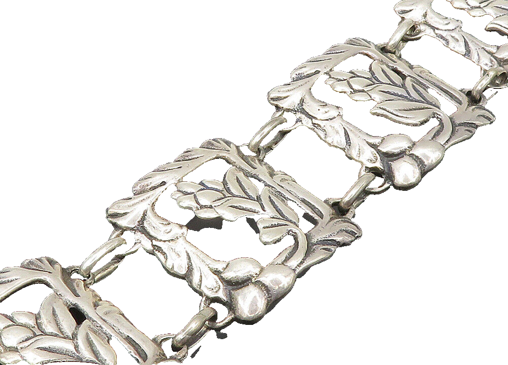 925 Sterling Silver  Vintage Antique Flower Motif Square Chain Bracelet BT8134