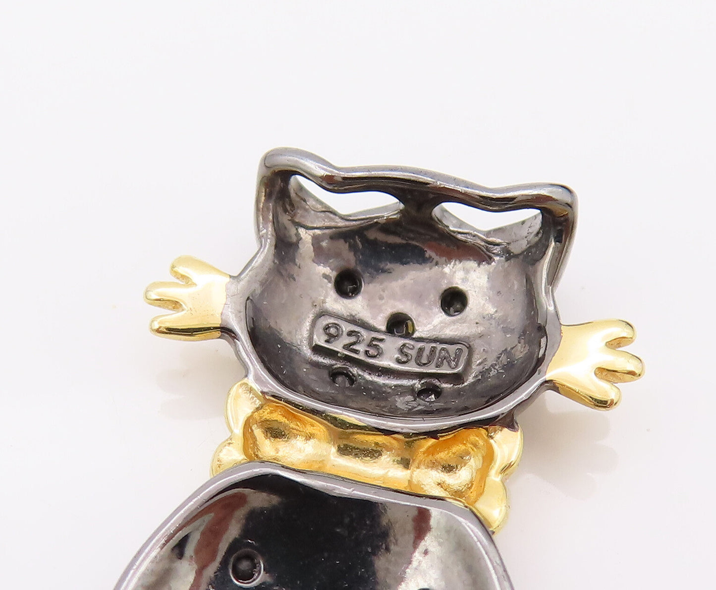 925 Sterling Silver  Vintage Black Diamond Two Tone Kitten Pendant  PT22195