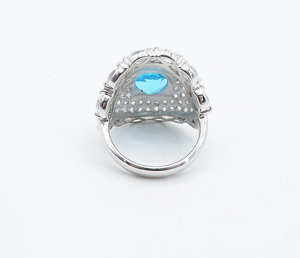 925 Sterling Silver  Blue Topaz & Cubic Zirconia Cocktail Ring Sz 8  RG4957