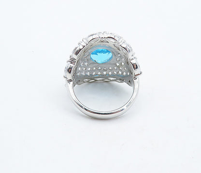 925 Sterling Silver  Blue Topaz & Cubic Zirconia Cocktail Ring Sz 8  RG4957