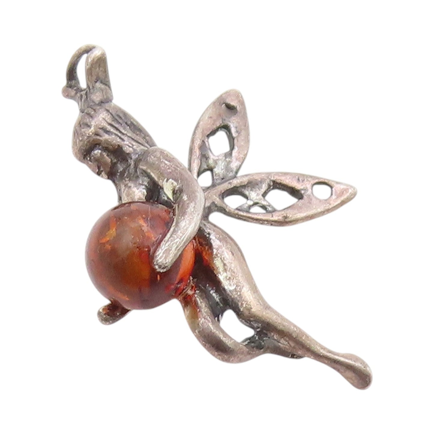 925 Sterling Silver Vintage Pendant Amber Guardian Fairy Angel Charm  PT24860