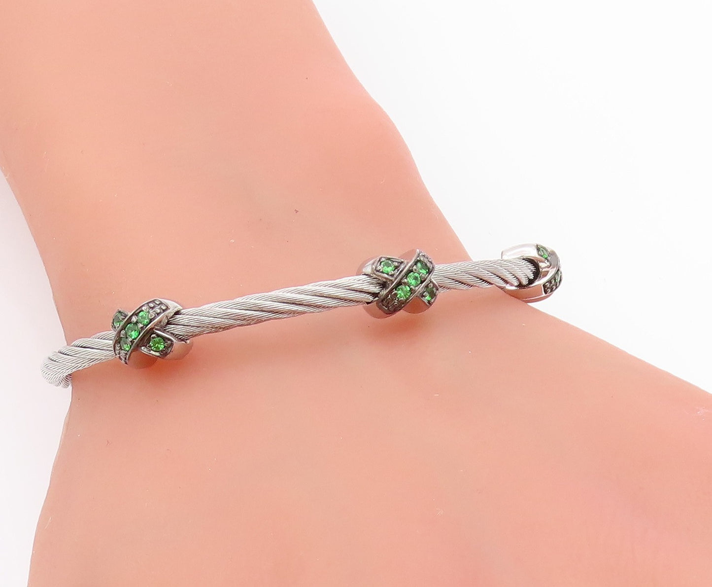 925 Sterling Silver Vintage Bracelet Roped Green CZ Inlay X Bangle  BT11300