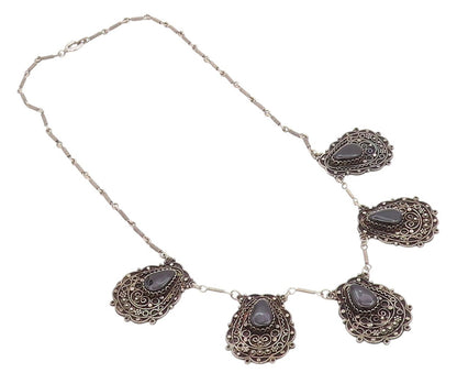 925 Sterling Silver Vintage Necklace Dark Tone Swirly Carved Onyx Inlay  NE4449