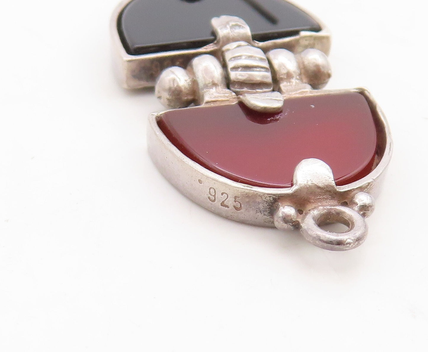 925 Sterling Silver Vintage Earrings D Shape Black & Red Onyx  EG13294