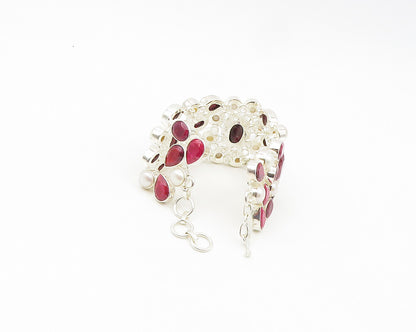 925 Sterling Silver  Freshwater Pearls & Tear Drop Ruby Chain Bracelet  BT7652
