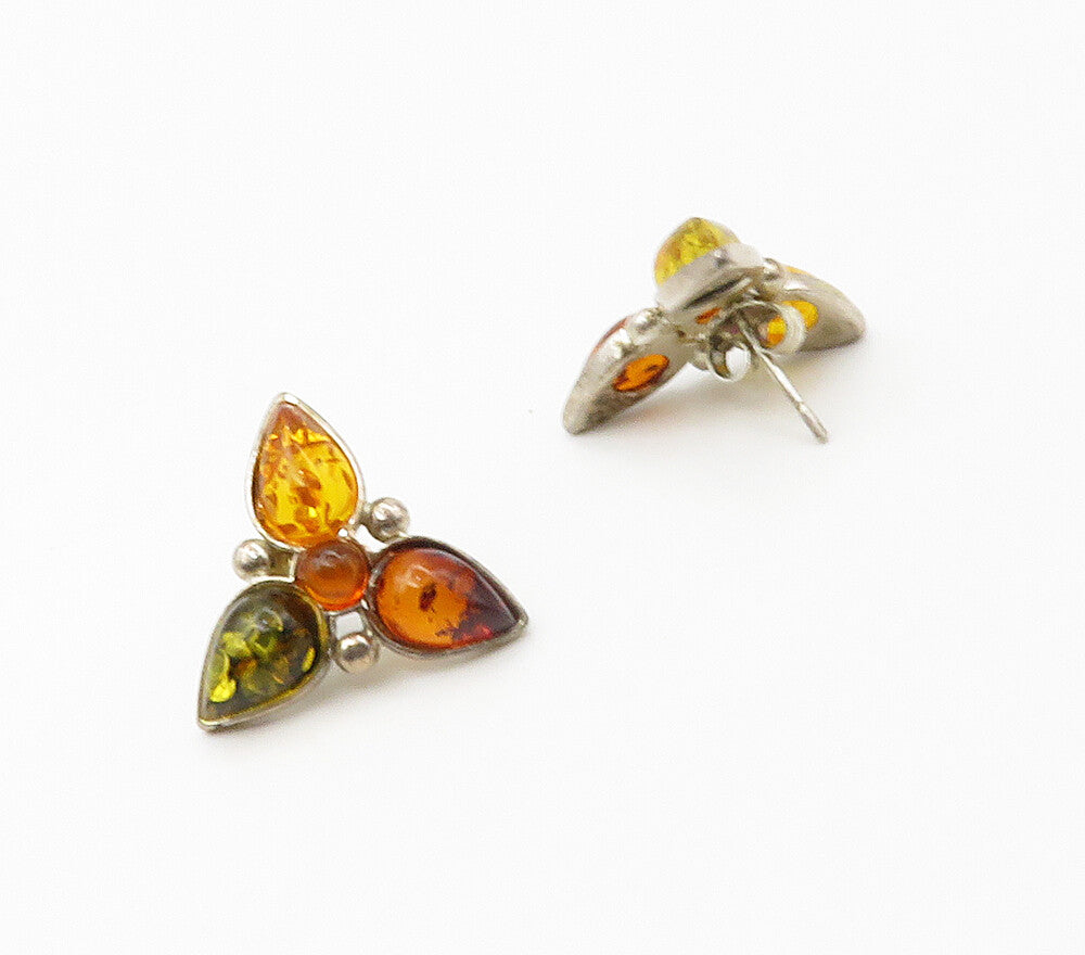 925 Sterling Silver  Vintage Tear Drop Amber Floral Drop Earrings  EG8562
