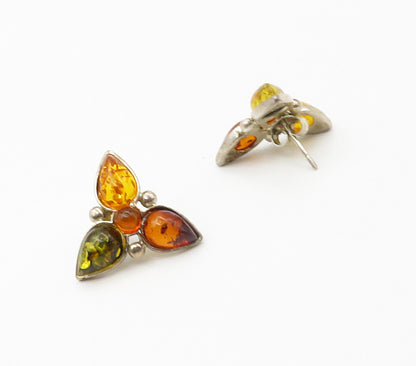 925 Sterling Silver  Vintage Tear Drop Amber Floral Drop Earrings  EG8562
