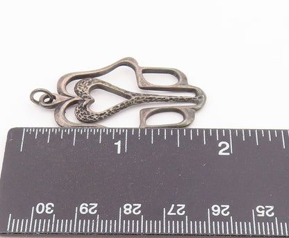 925 Sterling Silver Vintage Pendant Modernist Open Hamsa Heart Charm  PT26382