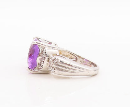 925 Sterling Silver Vintage Ring Oval Cut Amethyst Diamonds Inlay  Sz 7  RG29405