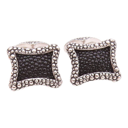 925 Sterling Silver  Shiny Cobble Border Two Tone Square Cuff Links  TR1794