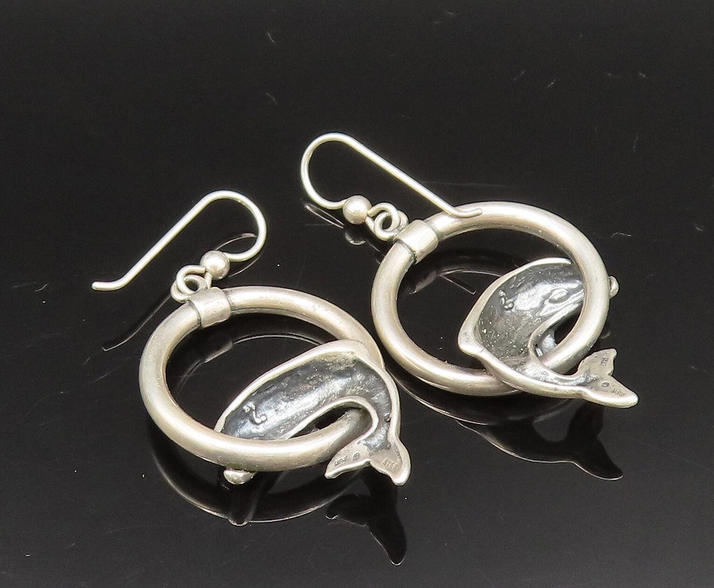 KABANA 925 Silver  Vintage Dolphin Jumping Circle Dangle Earrings  EG11898