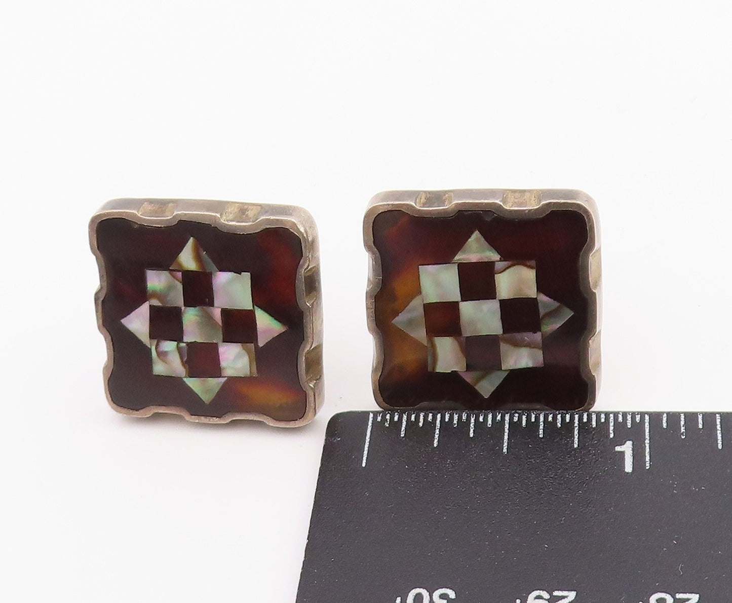 925 Sterling Silver Vintage Cuff Links MEXICO Mother Of Pearl Geometric  TR4049