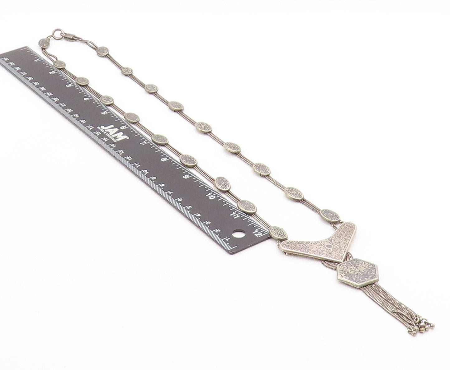 925 Sterling Silver Vintage Necklace Ethnic Geometric Disc & Tassel Chain NE4623