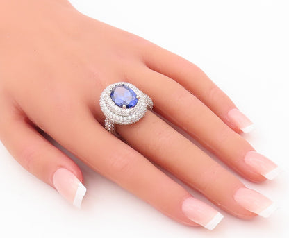 925 Sterling Silver Vintage Ring Oval Cut Sapphire Halo Topaz  Sz 7.5  RG29905