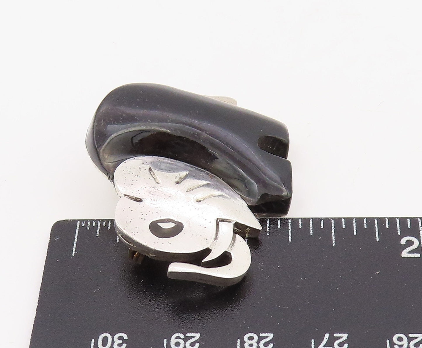 925 Sterling Silver Vintage Brooch Pin MEXICO Onyx Modernist Elephant  BP12288