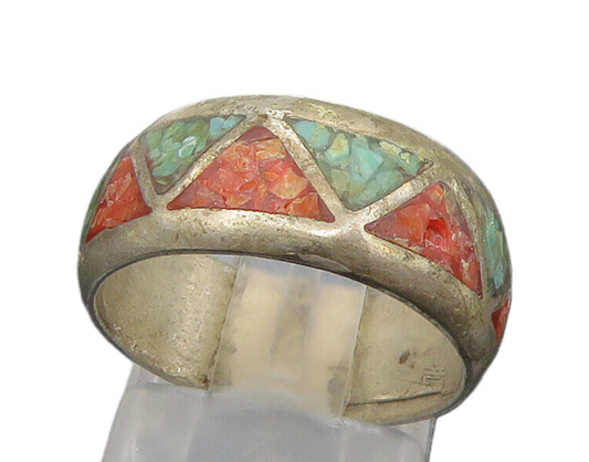 SOUTHWESTERN 925 Silver Vintage Turquoise & Coral Band Ring Sz 6 RG23097