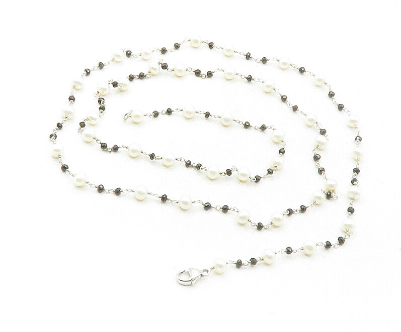 925 Sterling Silver  Petite Pearls & Black Hematite Chain Necklace  NE2128