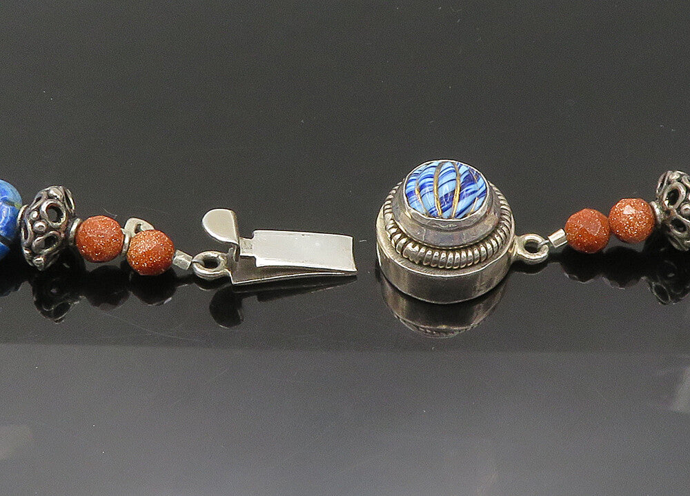 925 Silver  Vintage Lapis Lazuli Sodalite & Goldstone Chain Necklace  NE3529