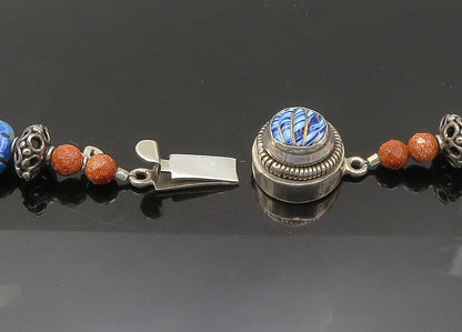 925 Silver  Vintage Lapis Lazuli Sodalite & Goldstone Chain Necklace  NE3529