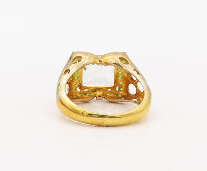925 Sterling Silver Vintage Ring Gold Plated White  & Green Topaz  Sz 7  RG30632