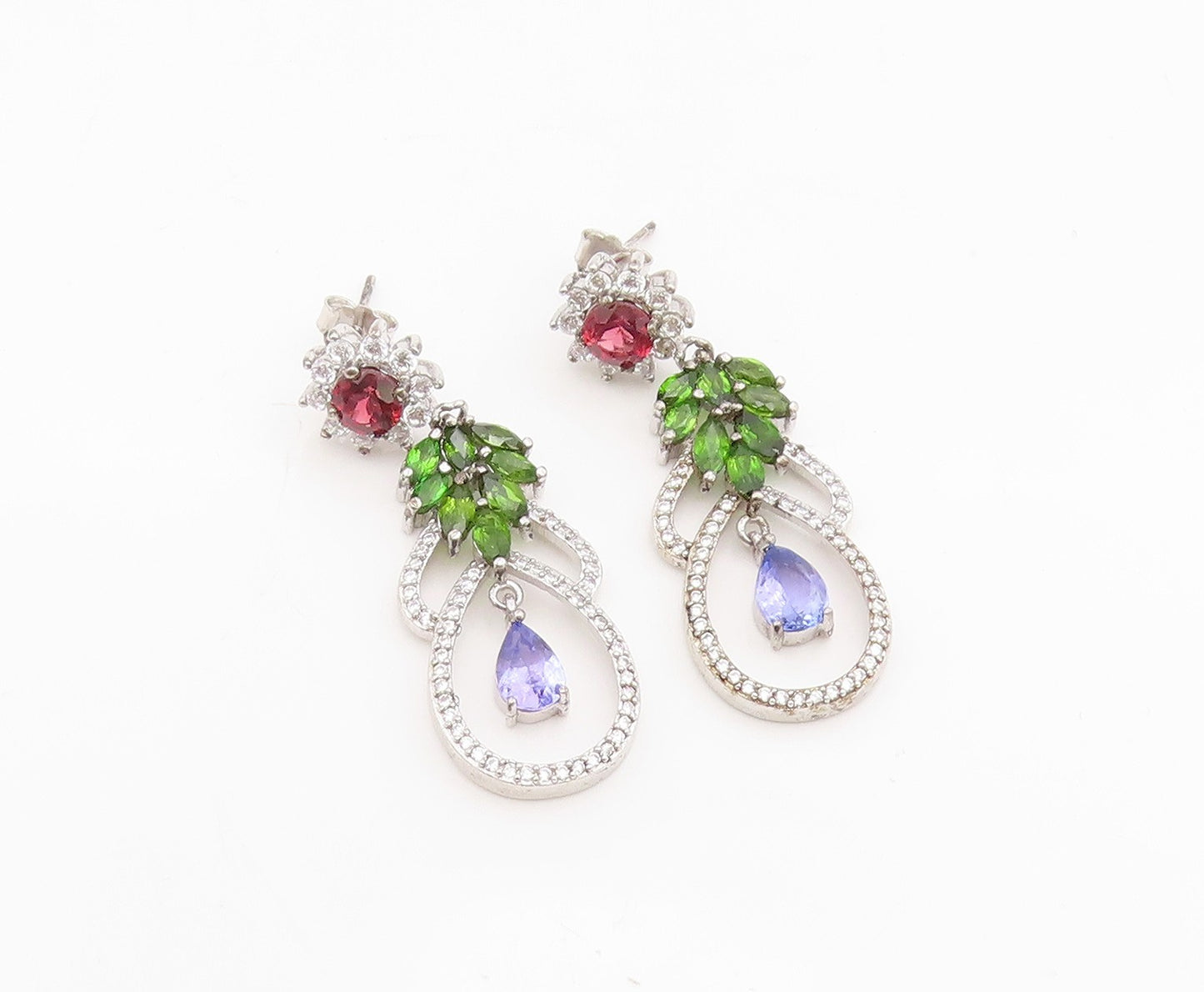 925 Sterling Silver Vintage Earrings Multi Gemstone Floral Leaf Dangle  EG13835