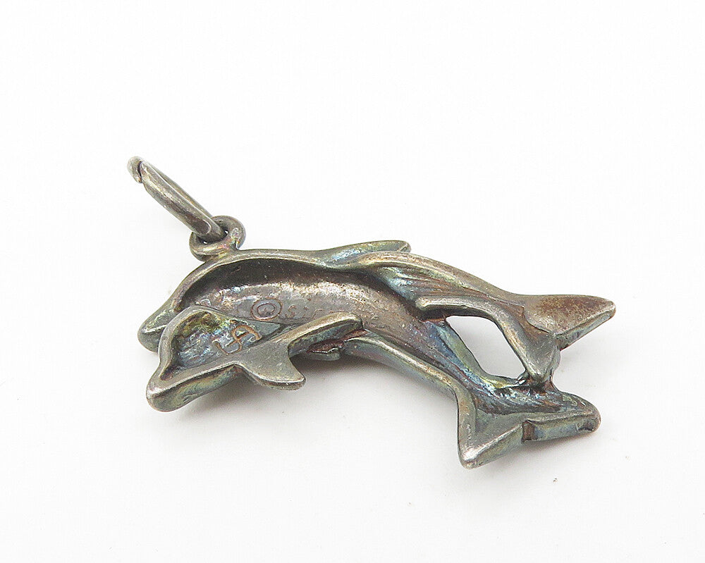 925 Sterling Silver  Vintage Petite Oxidized Leaping Dolphins Pendant  PT9113