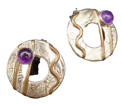 925 Sterling Silver  Vintage Two Tone Open Disc Amethyst Earrings  EG11724
