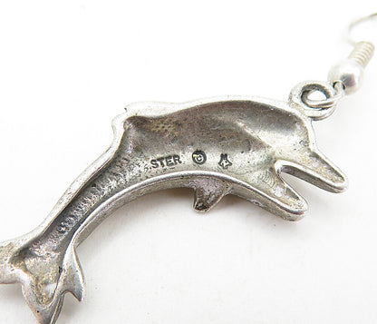 925 Sterling Silver  Vintage Dark Tone Leaping Dolphin Dangle Earrings  EG2826