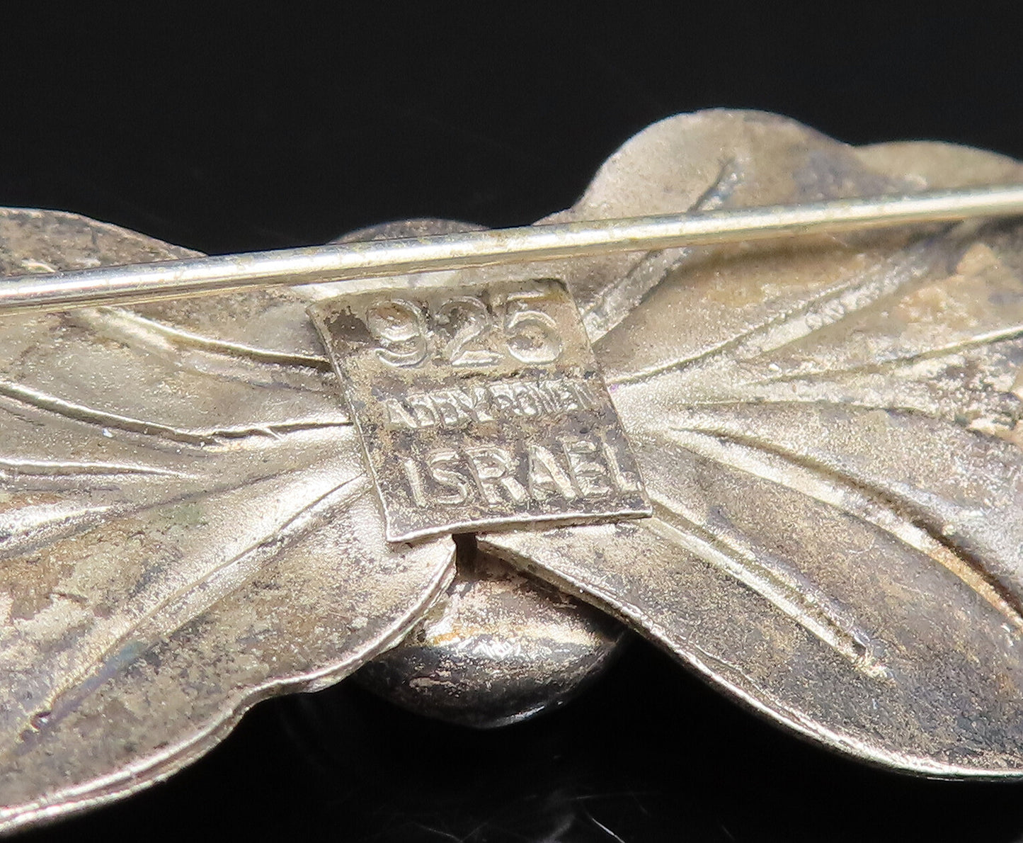 ISRAEL 925 Silver  Vintage Oval Hematite Double Leaf Wings Brooch Pin  BP9746