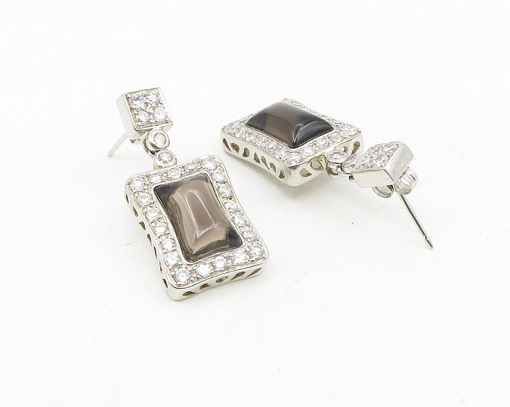 925 Sterling Silver  Smoky Topaz & Cubic Zirconia Shiny Dangle Earrings EG5541