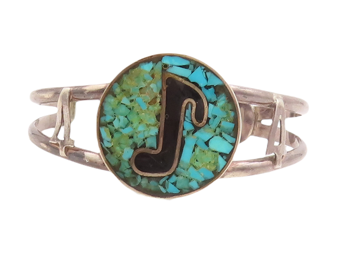 925 Sterling Silver Vintage Bracelet Round Crushed Turquoise Inlay   BT10662