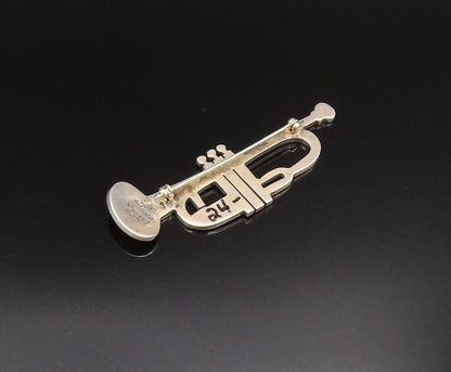 MEXICO 925 Silver  Vintage Engraved Trumpet Instrument Brooch Pin  BP9815