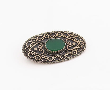 925 Sterling Silver Vintage Brooch ISRAEL Green Onyx Intricate Knotwork  BP12077