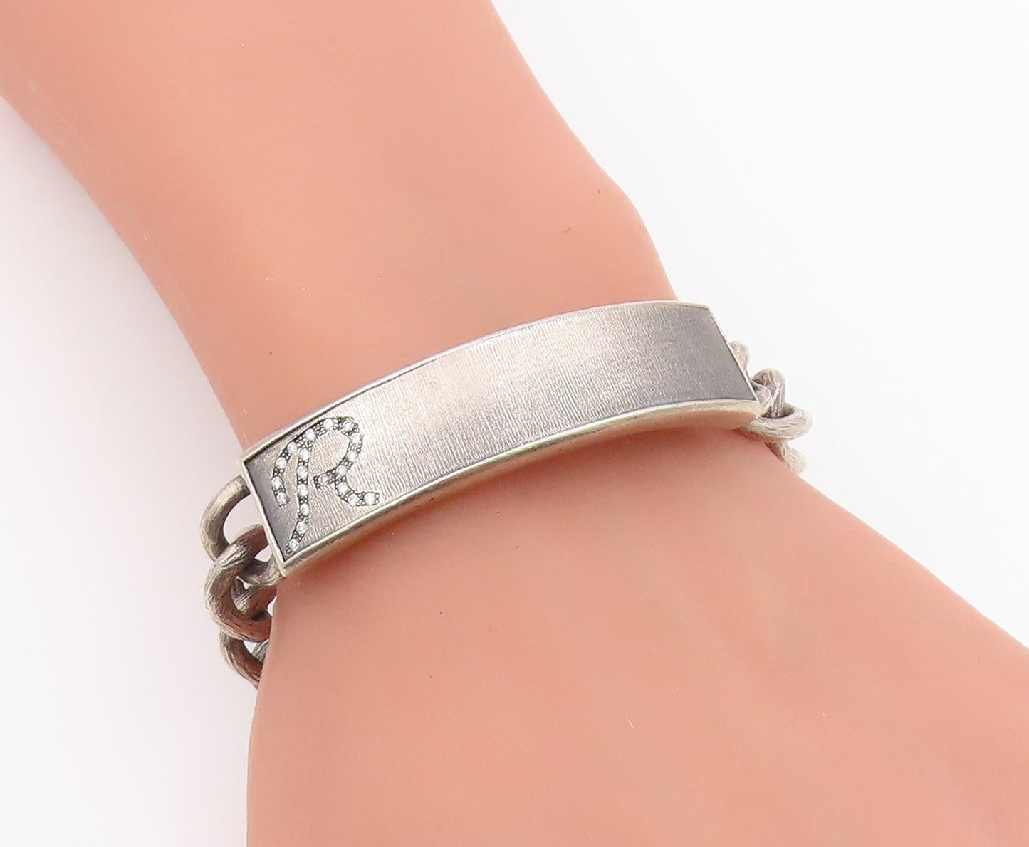 925 Sterling Silver Vintage Bracelet Real Diamonds Initial R Monogram  BT12164