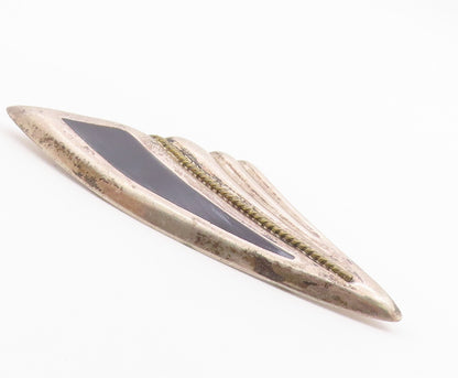 MEXICO 925 Sterling Silver  Vintage Black Onyx Fluted Twist Brooch Pin  BP4091