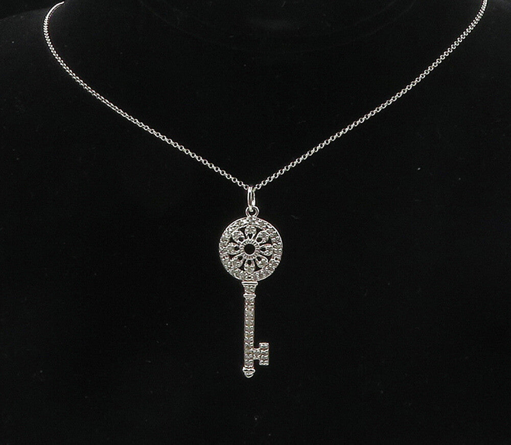 925 Sterling Silver  Genuine Diamonds Floral Key Motif Chain Necklace  NE1892